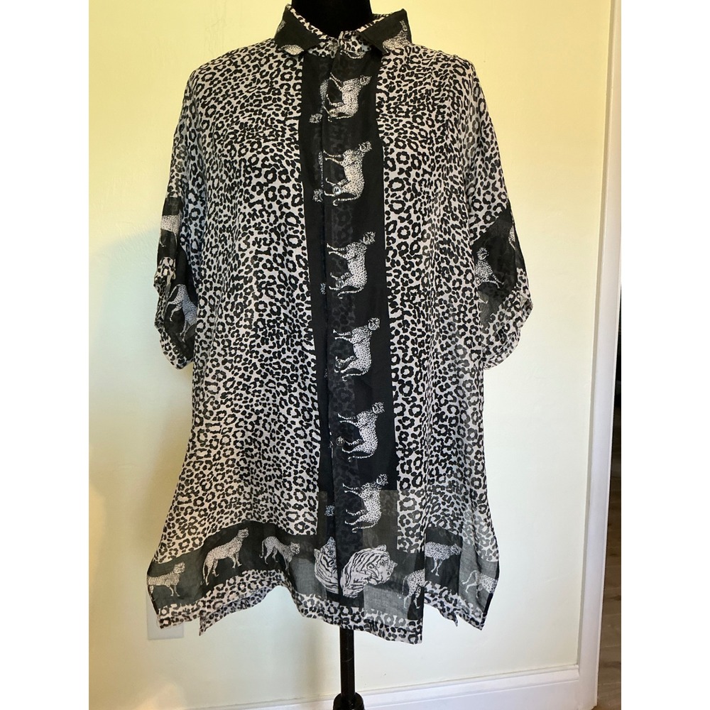 Rima Women Black White Leopard Animal Print Sheer Button Down Tunic Cover Up